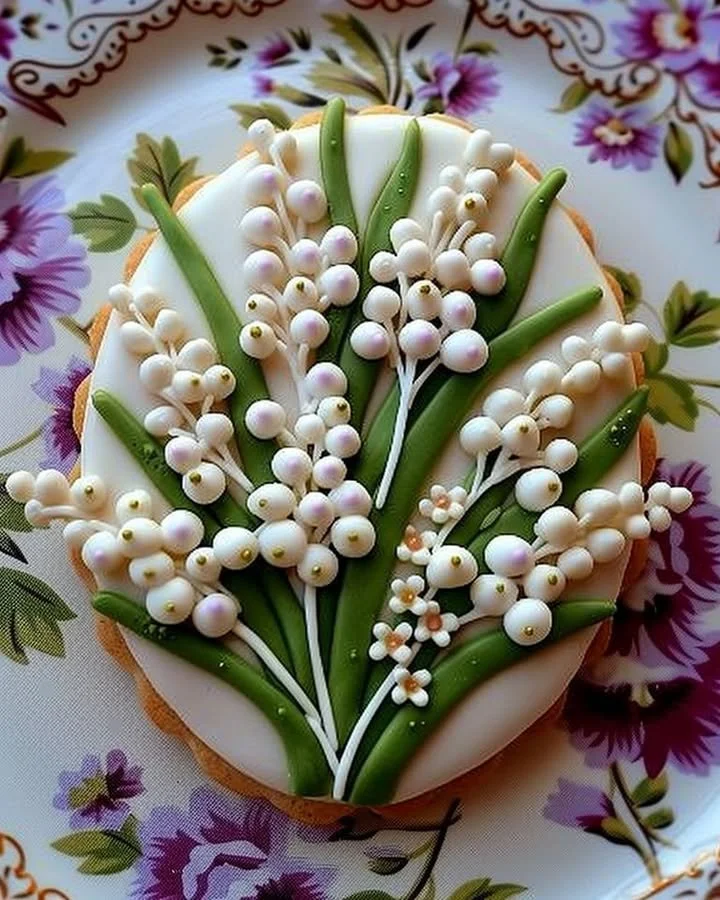 Lily of the Valley decorated sugar cookies on a decorative plate