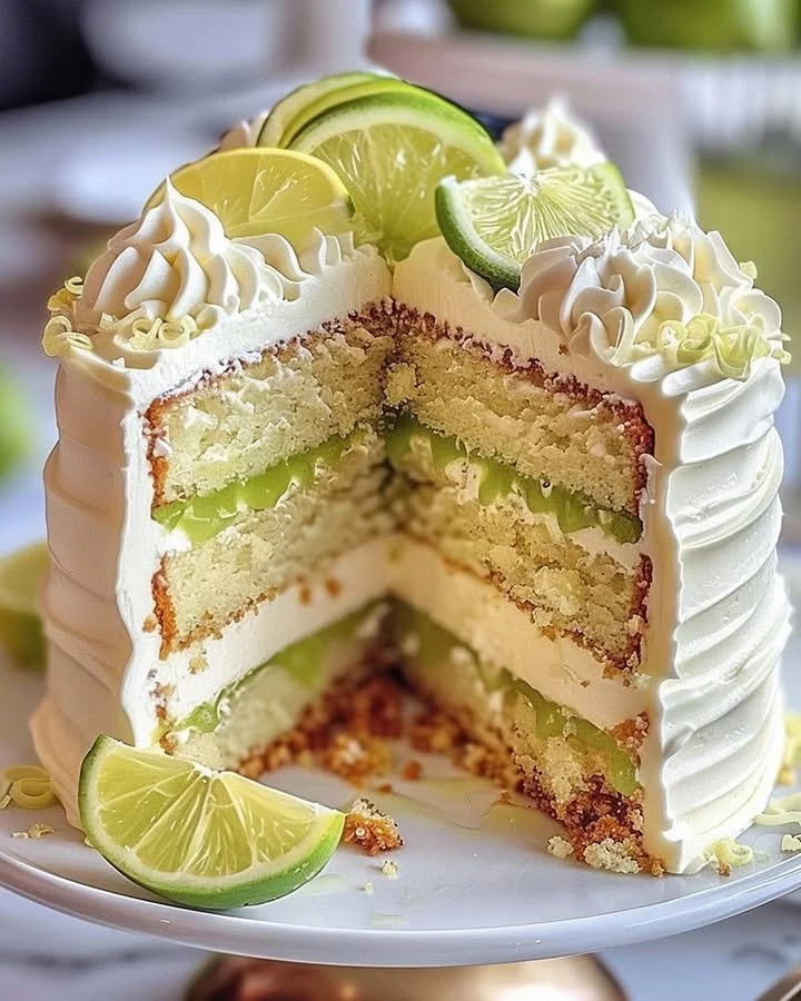 A slice of Lime Pie Layer Cake with vibrant lime frosting and layers shown on a plate