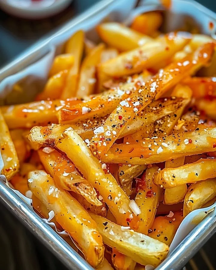 Plate of Louisiana Voodoo Fries topped with spices and sauces.