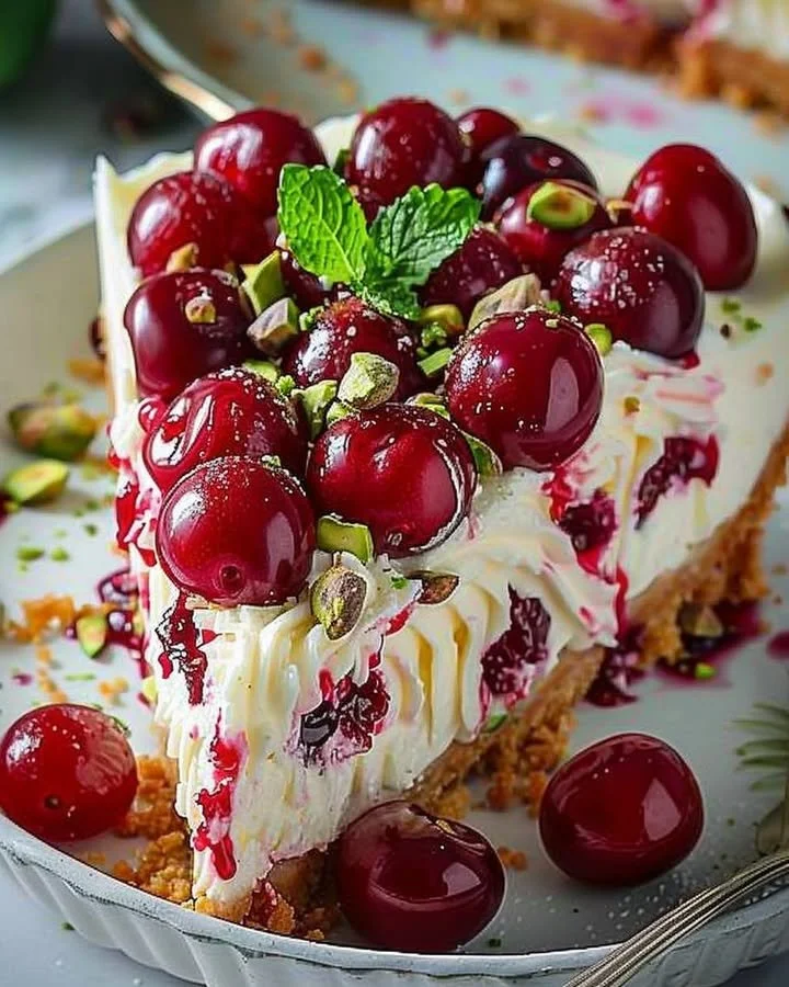 Lemon-lime cherry pistachio cheesecake garnished with cherries and pistachios