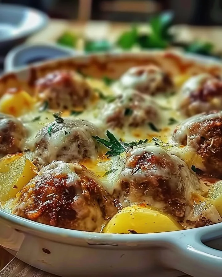 Delicious meatballs served with potatoes and cheese in a cozy setting.
