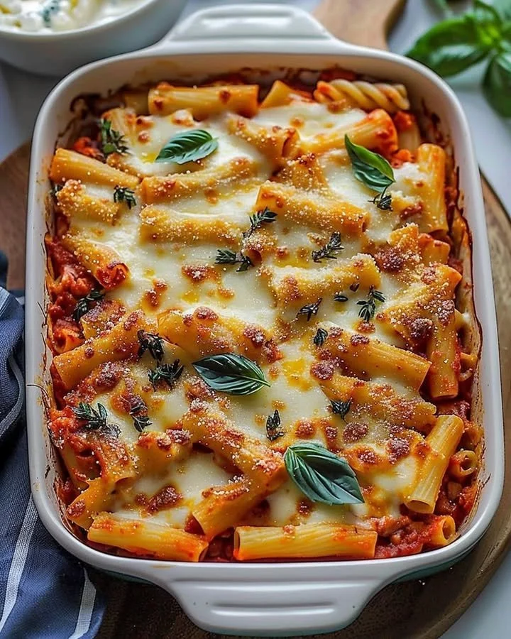 Baked ziti dish with cheese and herbs, perfect for meatless meals