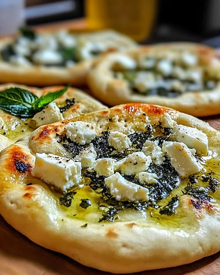 Mediterranean Mint and Feta Stuffed Flatbreads on a wooden table