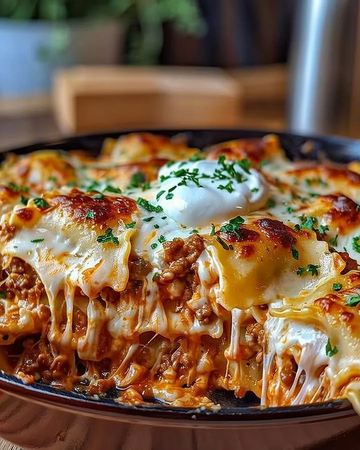 Delicious Million Dollar Ravioli Casserole topped with cheese and herbs