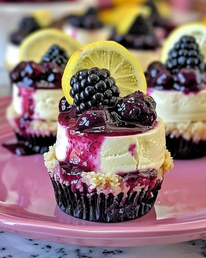 Mini lemon blackberry cheesecakes topped with fresh berries and lemon zest