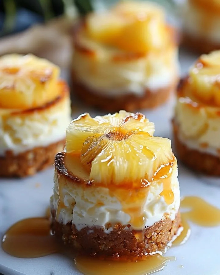 Mini Pineapple Upside-Down Cheesecake with caramelized pineapple topping