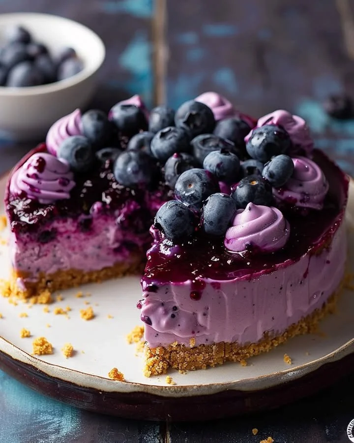 No-bake blueberry cheesecake topped with fresh blueberries and cream