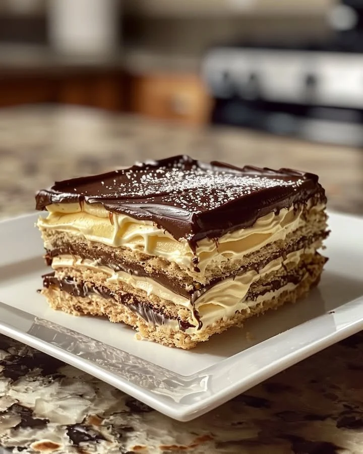 No-Bake Chocolate Eclair Cake topped with chocolate ganache and whipped cream