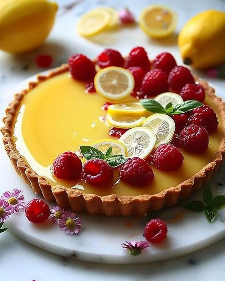 No-bake lemon tart garnished with raspberries and basil on a white plate