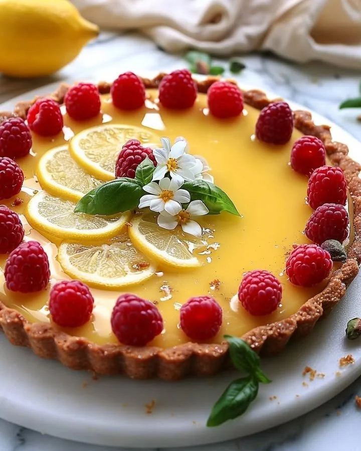 No-bake lemon tart topped with fresh raspberries and basil leaves