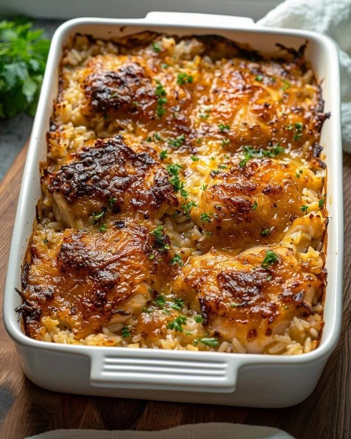 No-Peek Chicken and Rice Casserole in a baking dish