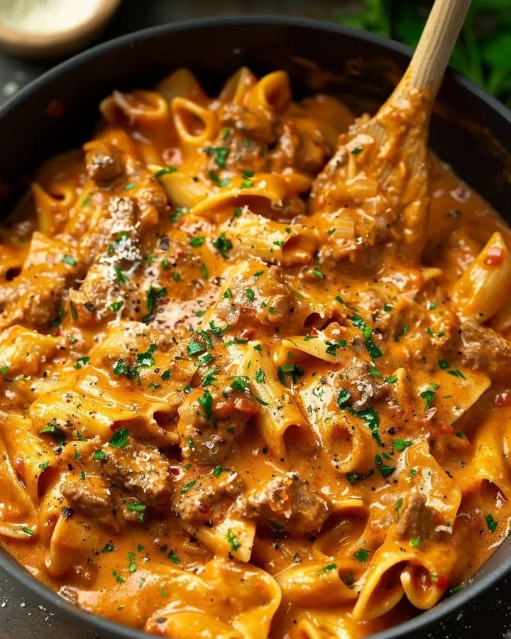 One Pot Creamy Beef Pasta served in a bowl with garnish