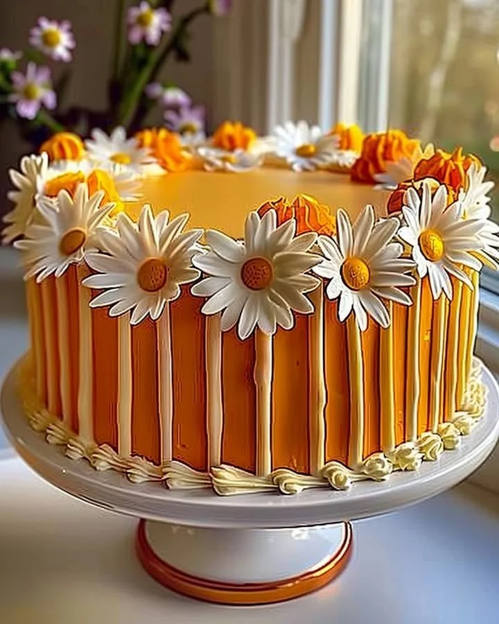 Orange Creamsicle Cake decorated with daisies, a delightful dessert for celebrations.