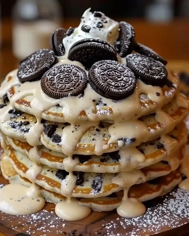 Delicious Oreo pancakes topped with cream cheese drizzle on a plate