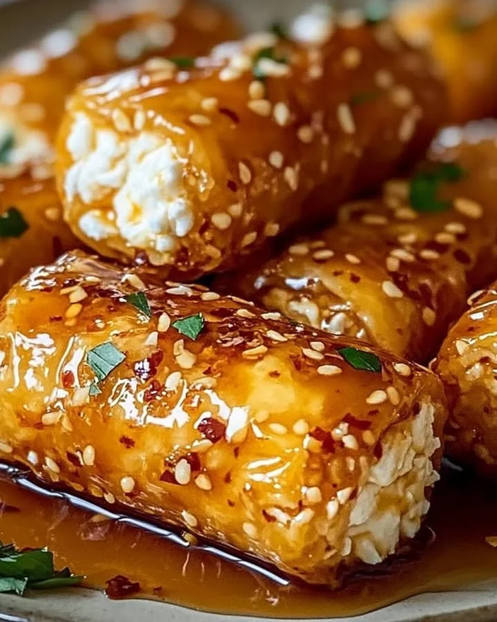 Oven fried feta rolls drizzled with chilli honey, a delicious appetizer.