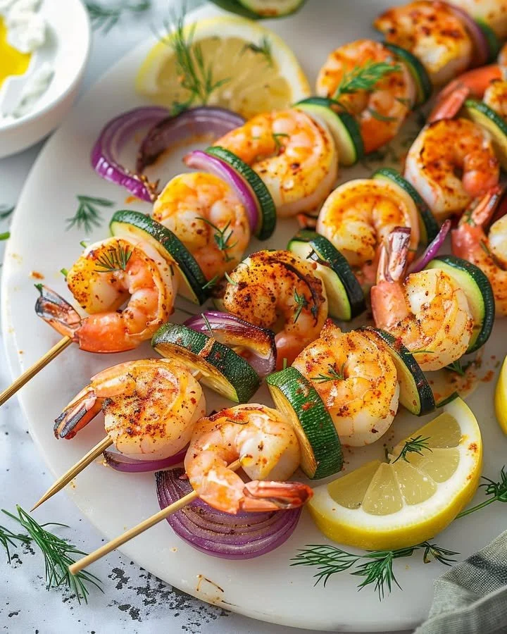 Delicious oven shrimp skewers ready to be served on a platter.