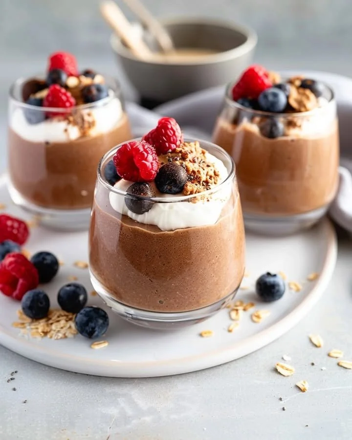 Delicious bowl of overnight Čokolino with fresh berries for a healthy breakfast