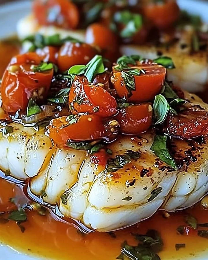 Pan-seared Mediterranean Cod served in a vibrant tomato basil sauce