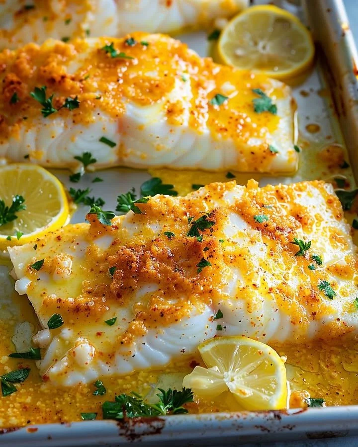 Delicious Parmesan Baked Cod with crispy cheese topping and fresh herbs