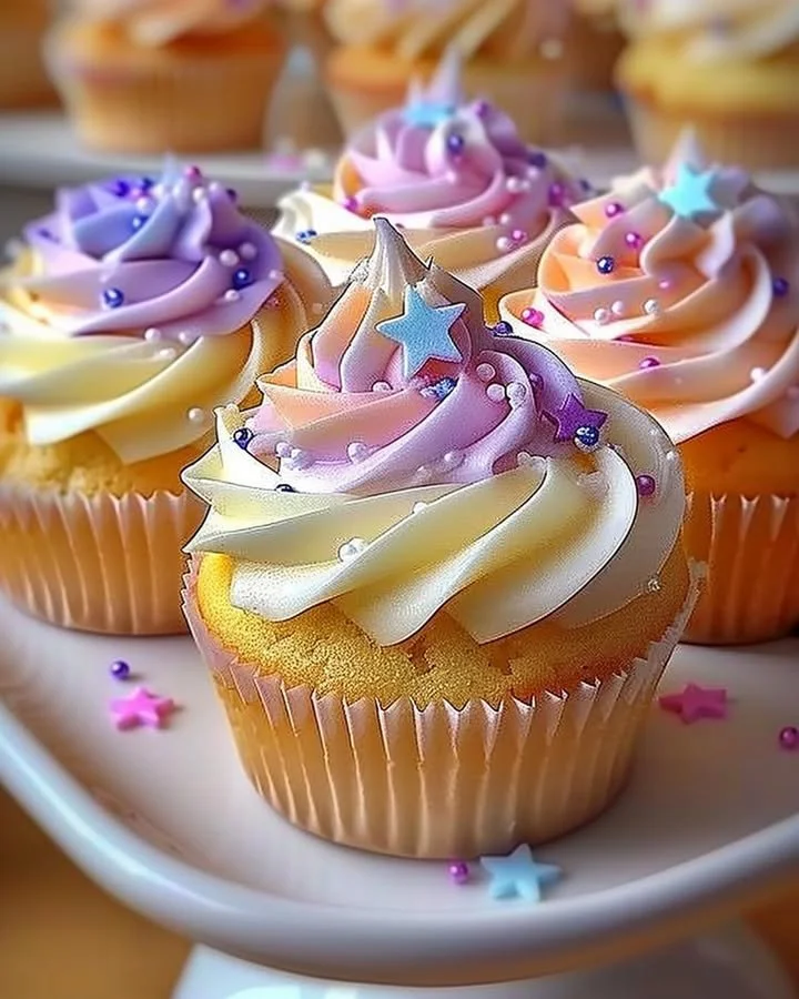 Pastel star cupcakes decorated with colorful frosting for a festive event.