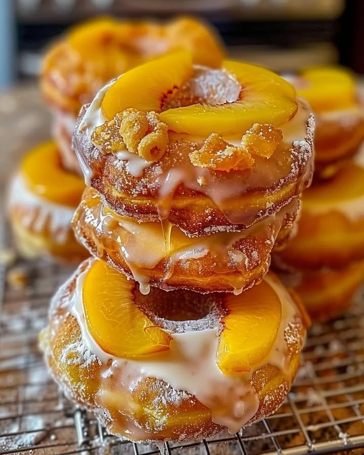 Delicious peach cobbler cheesecake donuts topped with cinnamon and peach slices