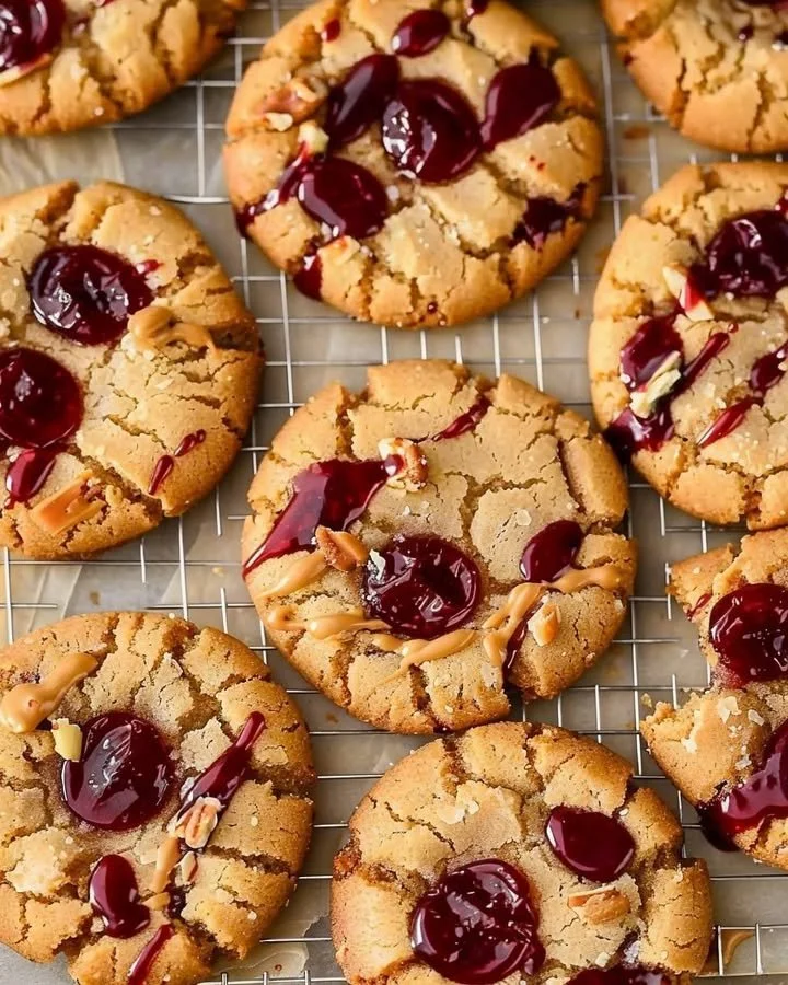 Freshly baked Peanut Butter and Jelly Cookies on a cooling rack
