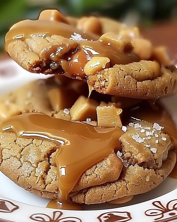 Delicious peanut butter caramel cookies with a golden caramel drizzle on top.