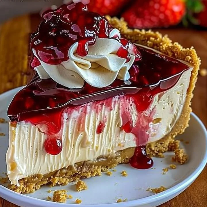 Delicious Peanut Butter Jelly Cheesecake topped with swirls of peanut butter and jelly