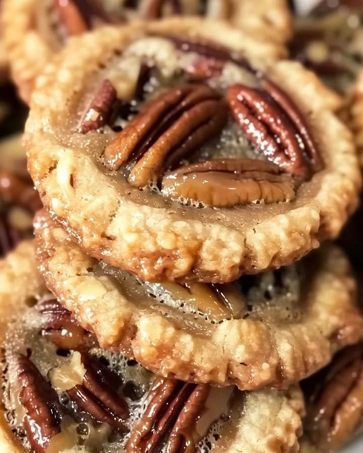 Delicious Pecan Pie Cookies topped with pecans and caramel, perfect for dessert.