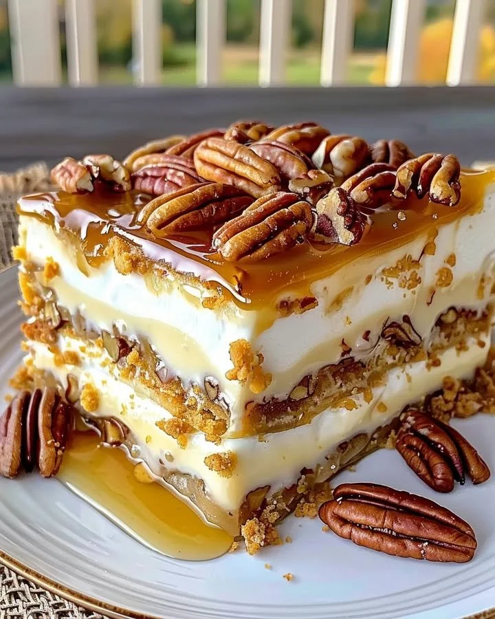 Pecan Pie Lasagna layered dessert with a rich pecan pie flavor