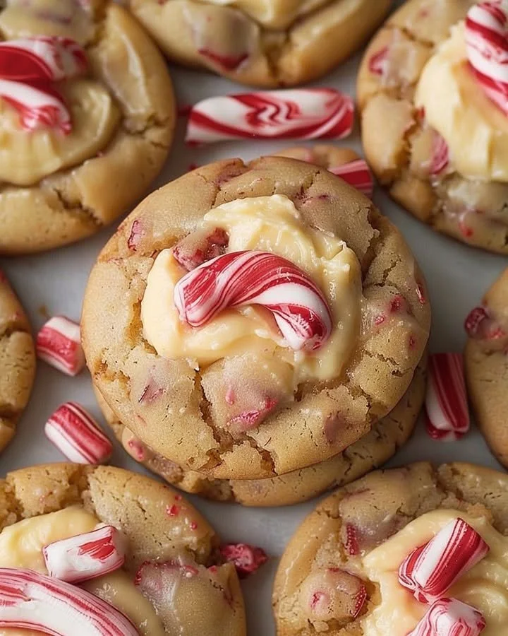 Peppermint cheesecake cookies garnished with crushed candy canes.