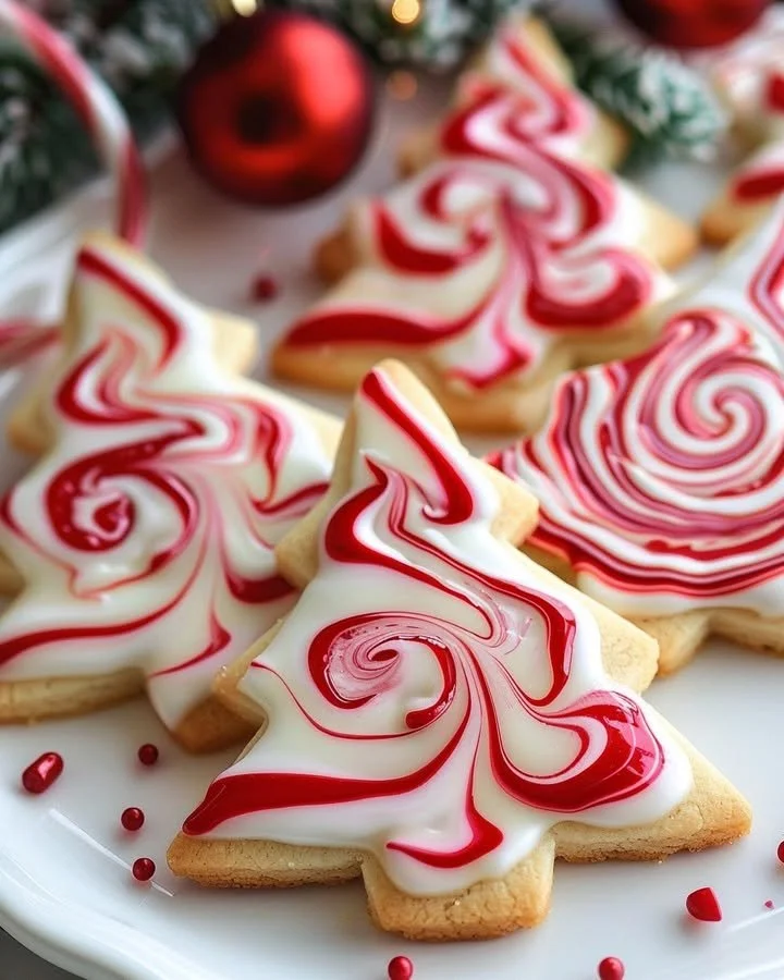 Peppermint red and white swirl tree cookies on a festive plate
