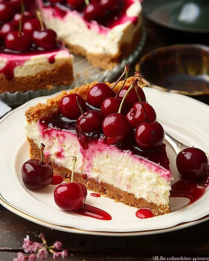 Delicious Philadelphia Cherry Cheesecake topped with fresh cherries