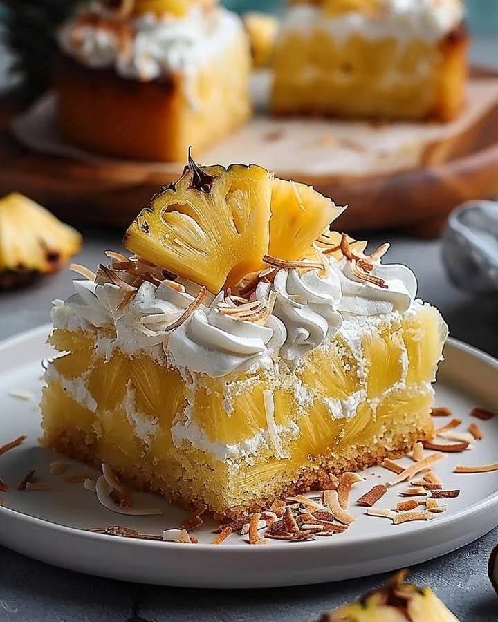 Delicious homemade Pineapple Coconut Cake with frosting and tropical decoration