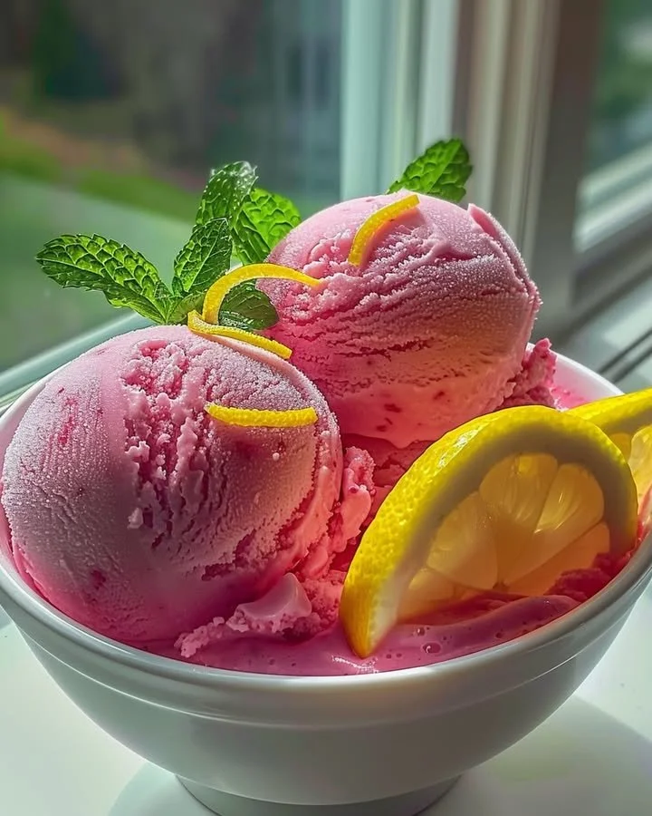 Delicious pink lemonade sorbet served in a bowl with a spoon