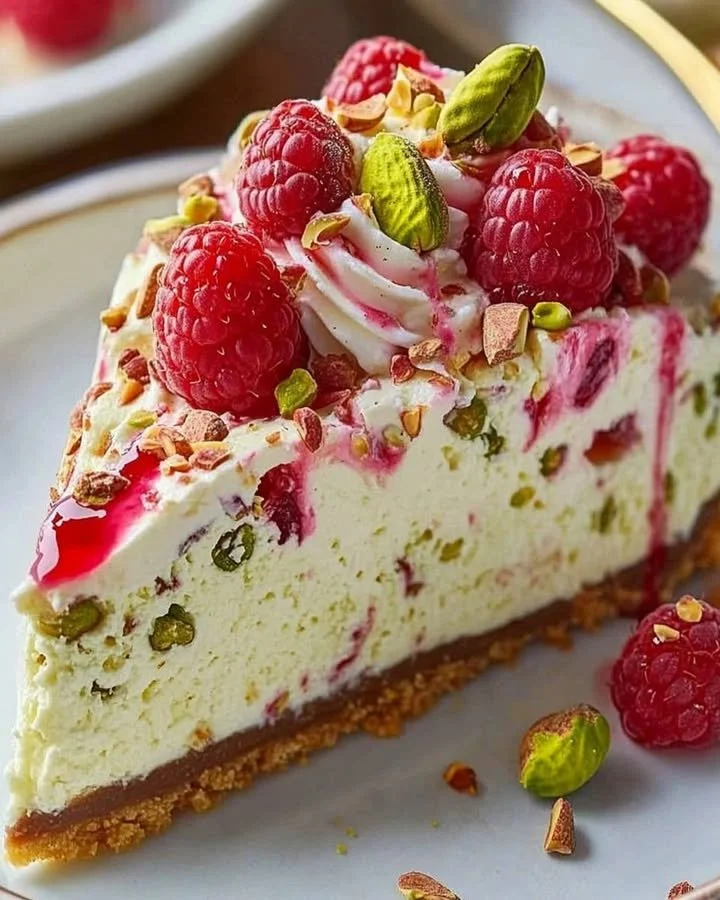 Slice of Pistachio Raspberry Cheesecake topped with fresh raspberries