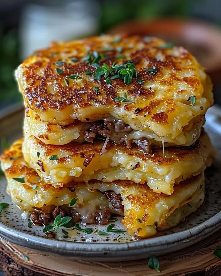 Delicious potato pancakes topped with savory beef and melted cheese