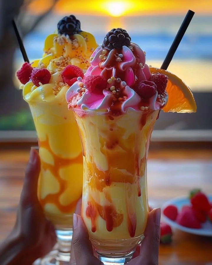 Colorful Rainbow Sherbet Piña Colada in a tropical setting
