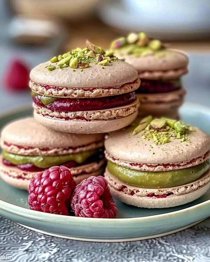Delicious raspberry pistachio macarons on a decorative plate