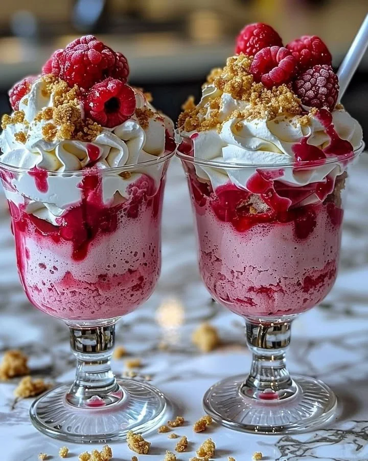 Raspberry Cheesecake Freakshake topped with whipped cream and fresh raspberries
