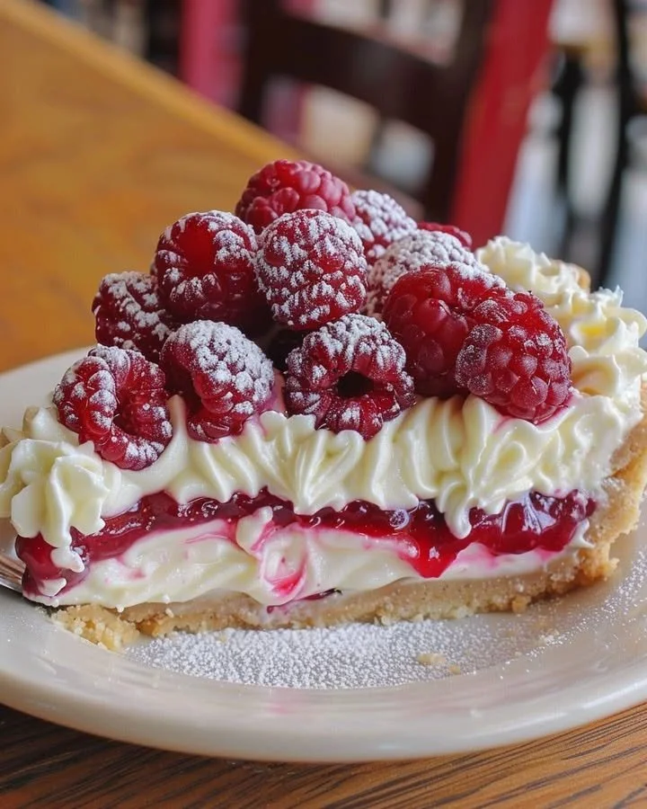 Delicious Raspberry Cheesecake Pie topped with fresh raspberries and whipped cream