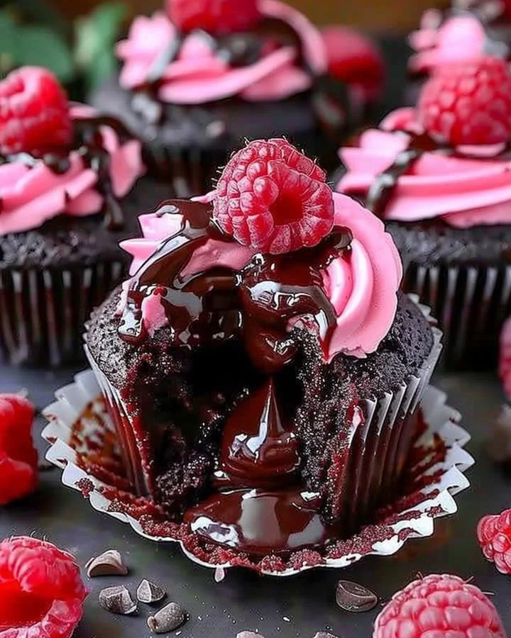 Delicious raspberry chocolate lava cupcakes with melted chocolate center