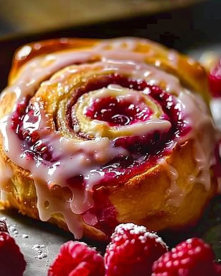 Freshly baked raspberry cinnamon rolls drizzled with icing