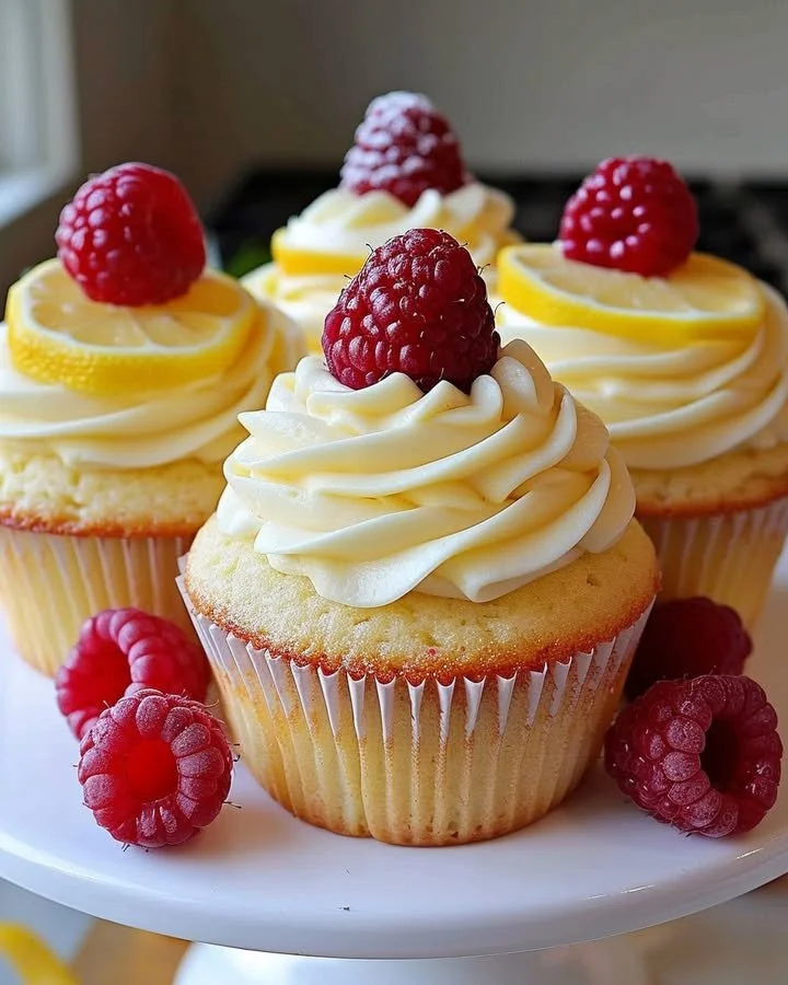 Raspberry Lemon Cupcakes with creamy frosting and fresh raspberries on top