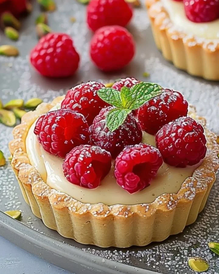Delicious Raspberry Pistachio Cream Tarts drizzled with raspberry sauce