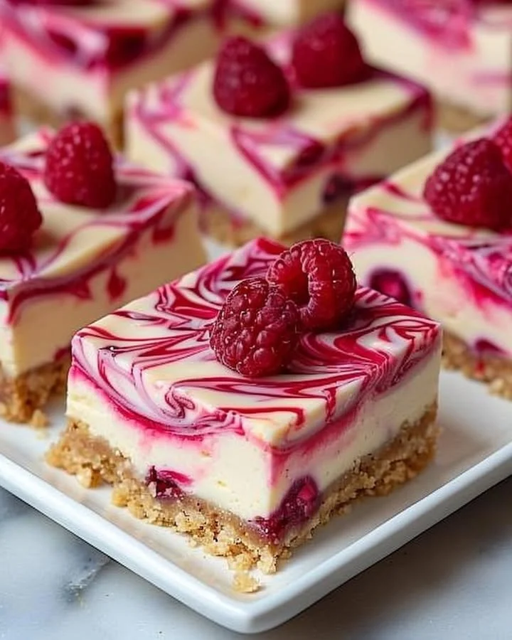 Raspberry swirl cheesecake bars topped with fresh raspberries
