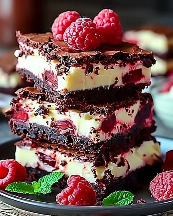 Decadent Red Velvet Brownies topped with cream cheese frosting on a white plate