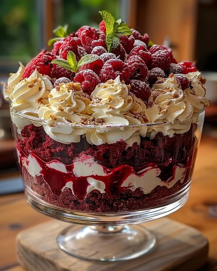 Delicious Red Velvet Cake Trifle layered with cream and rich flavors