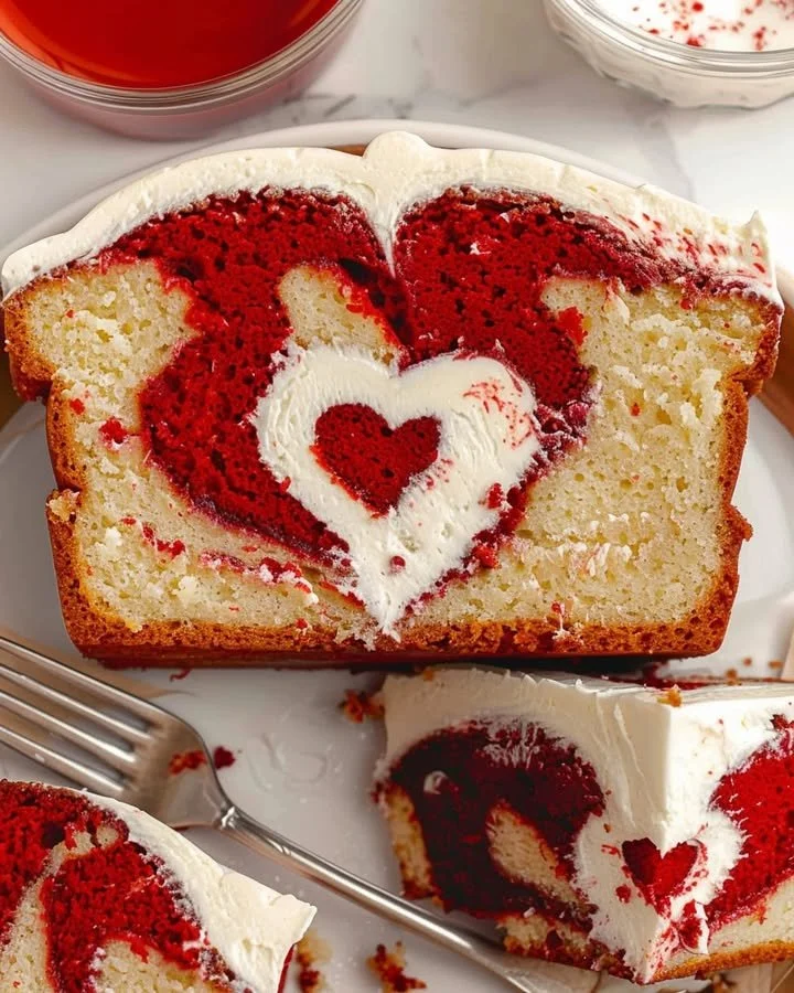 Sliced Red Velvet Loaf Cake topped with cream cheese icing