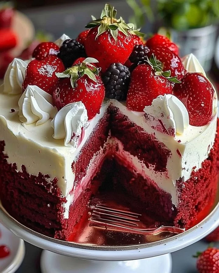 Red velvet strawberry cheesecake topped with fresh strawberries and whipped cream